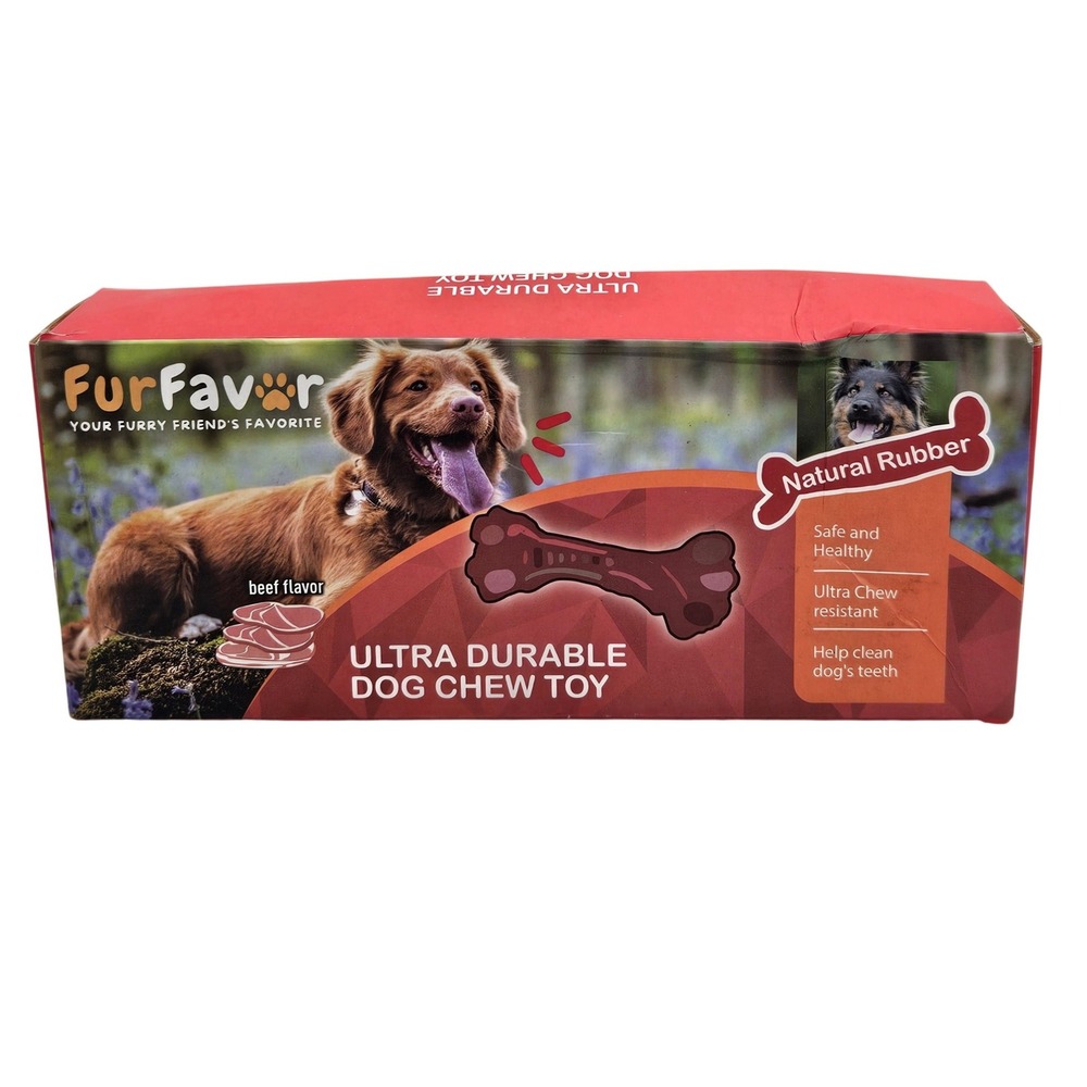 FurFavor Ultra Durable Dog Chew Toy Natural Rubber Beef Flavor Bone Shape NEW